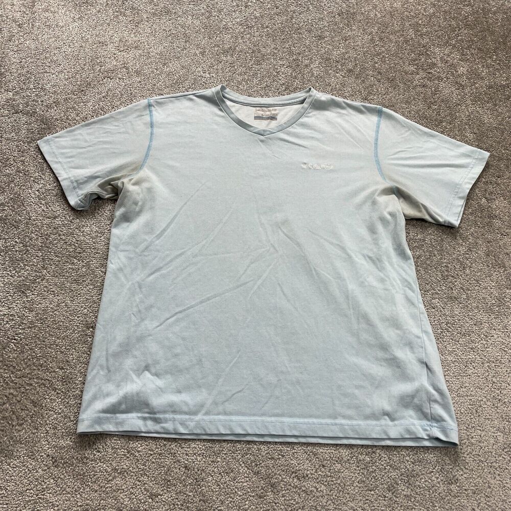 Columbia V Neck Shirt Mens Large Lightblue Casual Tee Short Sleeve Omni Wick Top